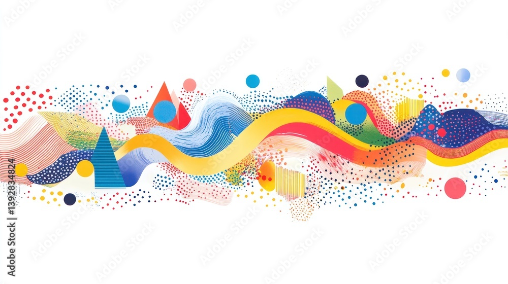 Poster abstract colorful wave design with geometric shapes and dots.