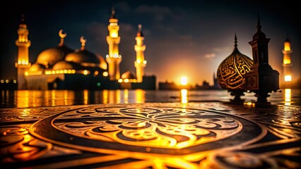 Intricate Islamic Calligraphy A Macro Perspective on the Prophets Birth Captured in a Mosque Silhouette