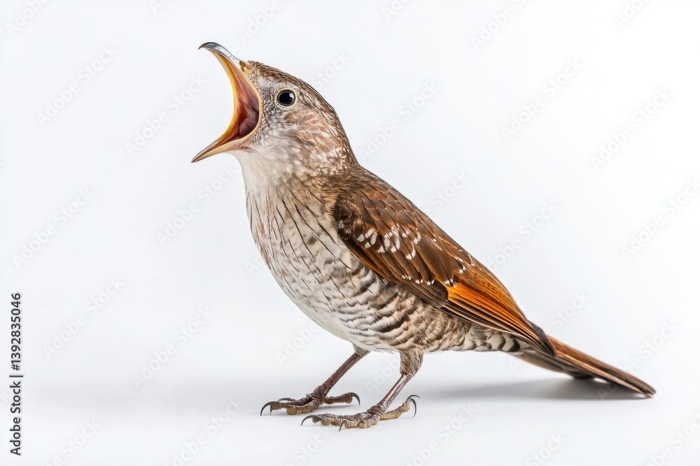 Poster Cuckoo bird vocalizing with open beak and striking feather display centered on blank background