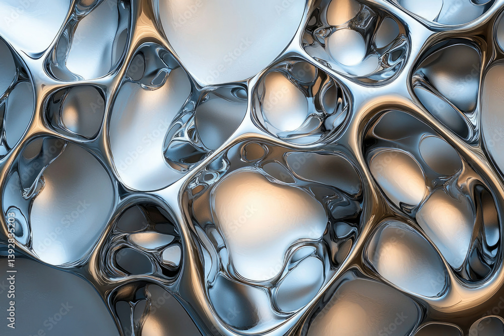 Poster Abstract chrome structure with organic cell-like shapes, creating a futuristic and reflective flowing design.