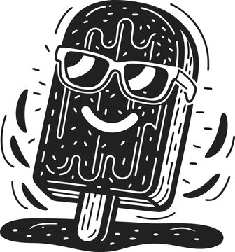 recommend clip art: Smiling popsicle with sunglasses, black and white fun ice cream illustration