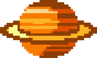 Retro pixel art of saturn with rings in 8 bit style, orange and yellow palette