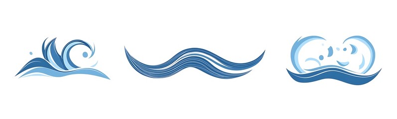 Vector logo set of ocean waves, simple shapes and lines, blue color on a white background