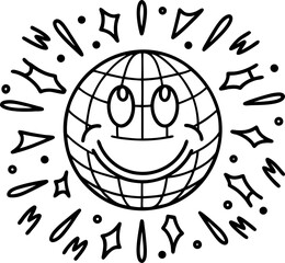 smiling globe symbol surrounded by wavy lines and stars global happiness, world unity, positive energy