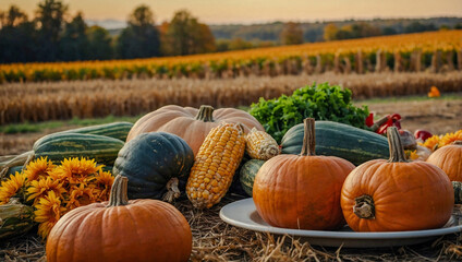 Bunch of pumpkins, corn, and vegetables alongside pie and turkey.