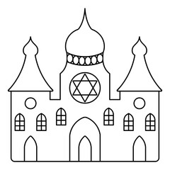 Synagogue. Sketch. Vector illustration. Outline on isolated background. Coloring for children. Place for prayer and ritual reading of the Torah. Place where the Jewish community gathers.