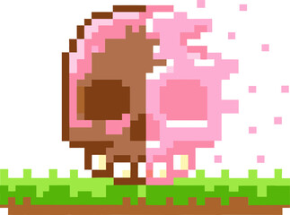 pixelated cow couple, pink and brown, digital art on grass platform with pixel effects