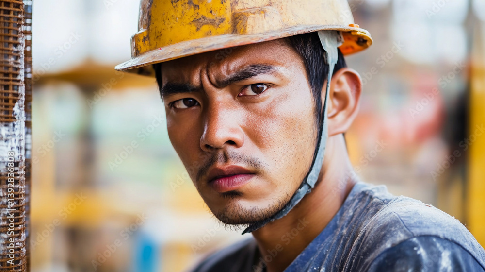 Poster Worker in hard hat focused on construction task at site Generative AI