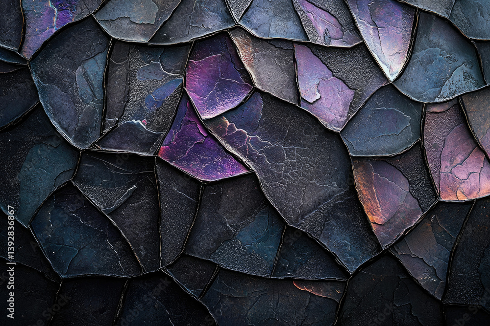 Poster Abstract close-up of dark, textured tiles with iridescent purple and blue highlights, creating a unique and captivating visual texture.