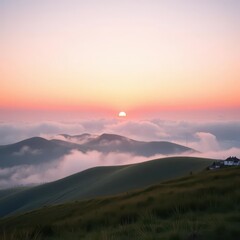 Obraz premium Soft pastel pink sunrise over tranquil hills, gentle clouds, dreamy, calm, pretty
