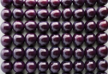 Glossy Purple Fruits, Oval Shapes, Fresh Produce. Deep Purple Hue, Grid Formation, Green Stems. Bright Lighting, Vibrant Appearance. Plain Background Focus.