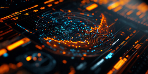 Abstract digital interface with orange and blue glowing lines and data points, creating a dynamic and technological visualization, representative of modern technology and data analysis
