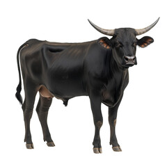 A photograph of an Indian brown bull with a black hump and dark coat standing on a transparent background PNG