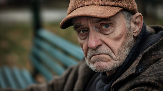 of an older man with a tired, emotionless face sitting alone on a bench 
