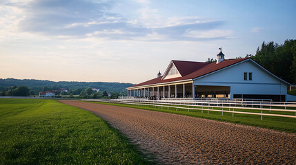 Fototapeta premium A horse race track with a white building in the background