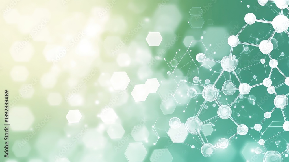 Poster abstract green and yellow bokeh background with molecule structure.