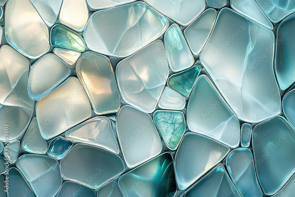 Poster a mosaic of rounded, irregular stones in shades of blue, white, and green, creating a cool and moder