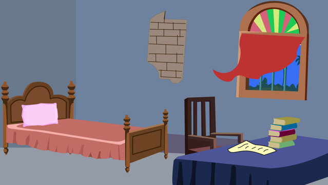 2d village cartoon bedroom or reading room with chare, table, window.