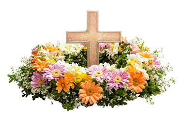 Radiant Cross with Flower Wreath Embodying Love and Spiritual Connection Isolated on transparent background.