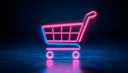 Neon shopping cart icon glows pink and blue on a dark reflective surface.