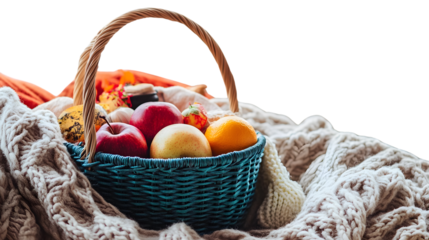 Vibrant Basket of Fresh Food on Cozy Blanket - Ideal Picnic Setup for Outings