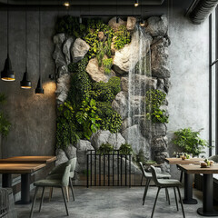 Obraz premium An industrial-style café wall with gray concrete, lush greenery, and waterfalls flowing through natural rock features.
