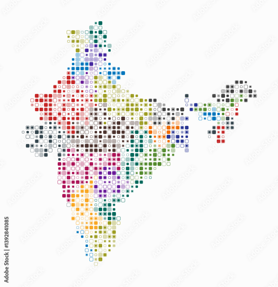 Poster india, shape of the country build of colored cells. digital style map of the india on white backgrou