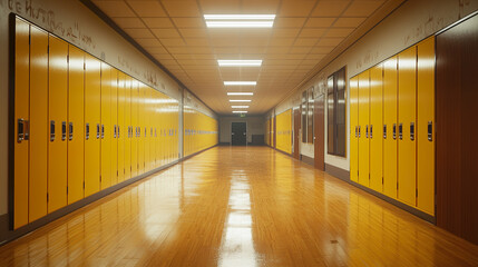 Empty High School Hallway: Yellow Walls, School Interior, Education Building, Empty Corridor, Institutional Architecture, Interior Space, Yellow Painted Hall, School Setting.

