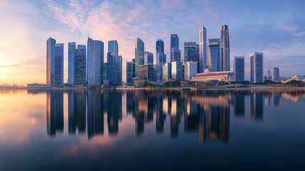 Obraz premium Singapore's modern city skyline at sunset showcases its urban architecture and skyscrapers reflecting in the water