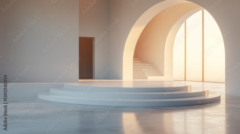Poster minimalist white architecture interior with arched window and circular platform.