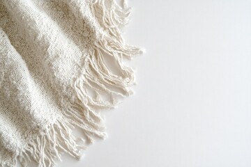 Textured Off-white Blanket with Fringe on a White Background Close-up