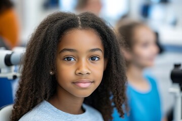 A young African American girl getting an eye exam at the optometrist's office with her family.