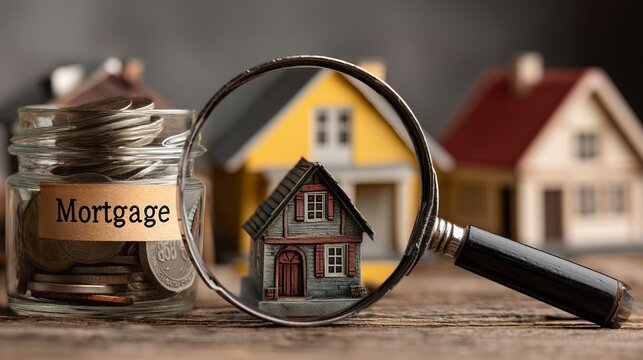 Exploring home mortgage options with magnifying glass over model house