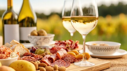 Picnic table setup Concept, Luxurious Outdoor Picnic Table with Gourmet Charcuterie and Fine Wine Surrounded by Scenic Nature