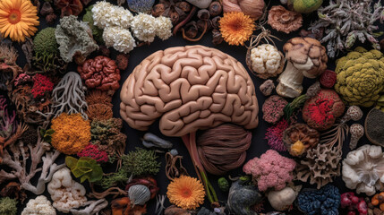 A vibrant arrangement of a brain surrounded by various organic textures, flowers, and fungi, symbolizing the connection between nature and human cognition.