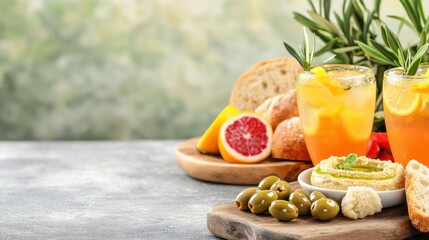 Picnic table setup Concept, Mediterranean Style Picnic Table Arrangement Featuring Fresh Olives and Refreshing Beverages