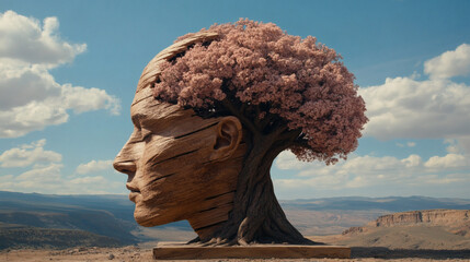 A wooden sculpture of a human head with a tree blooming from the top, blending nature and artistry against a scenic landscape backdrop.