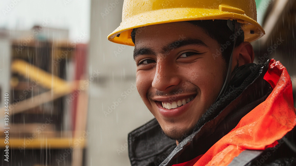 Poster smiling worker in hard hat at construction site during rain generative ai