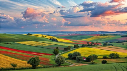 Picturesque countryside features rolling hills adorned with vibrant green, red and yellow fields under a dramatic sky with scattered clouds.Winding road adds depth to the lush scene. AI generated.