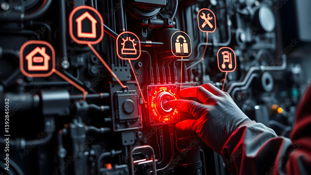 Poster smart home control high-resolution image of a hand activating a centralized system