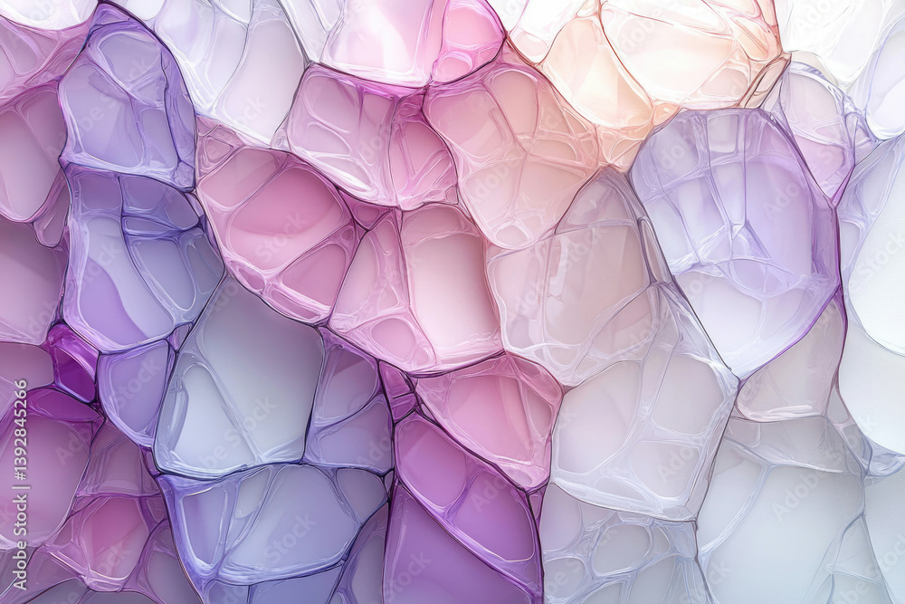 Poster A captivating abstract background featuring glossy, interconnected cell-like structures with a gradient of lavender, pink, peach, and white hues.