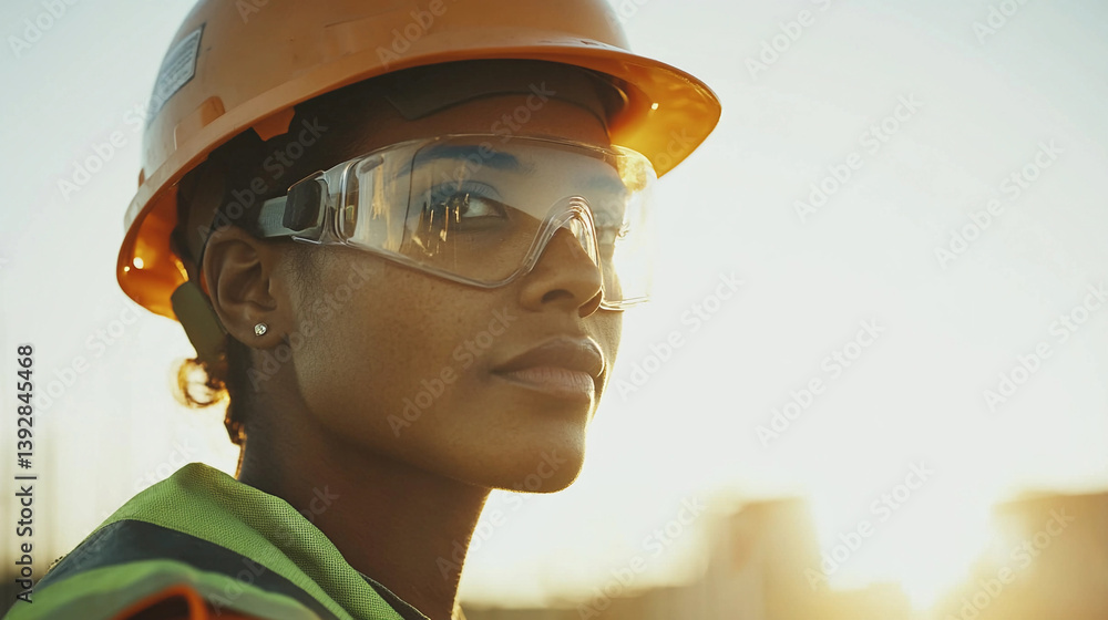 Poster worker in hard hat looking towards the sunset on site generative ai