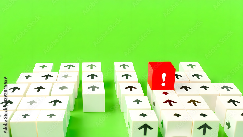 Poster high-resolution image of red cube with exclamation mark among up arrows