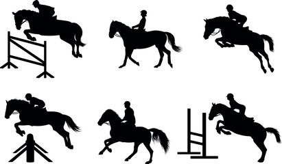 Set of equestrian or show jumping silhouettes