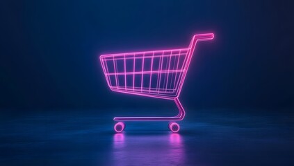 Neon shopping cart outline glows pink against a dark blue background.