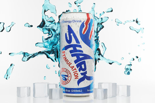 Guilherand-Granges, France - April 08, 2025. Shark Energy Drink: Thai energy drink with caffeine, taurine, and glucuronolactone, available in various flavors. 3d render.