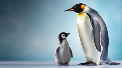 Obraz premium Emperor penguin and chick on icy terrain. Mother's Day, Mothering Sunday, Dia de la Madre - Global Maternal Celebration, Worldwide Family Holiday