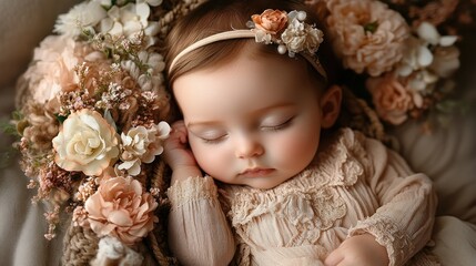 Fototapeta premium Peaceful baby girl nestled in floral wreath