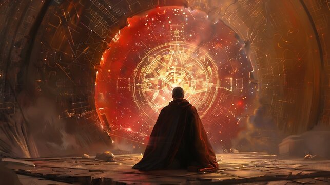 Mayan astronomer kneels before an intricate stone calendar watching the stars align as the ancient temple behind him glows faintly under the cosmic sky