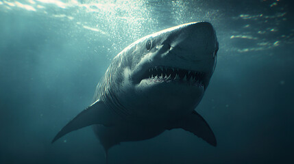 Naklejka premium Shark Encounter: Underwater Predator, Marine Wildlife, Ocean Depths, Sea Creature Portrait, Aquatic Life, Sharks in Their Habitat, Ocean Conservation 